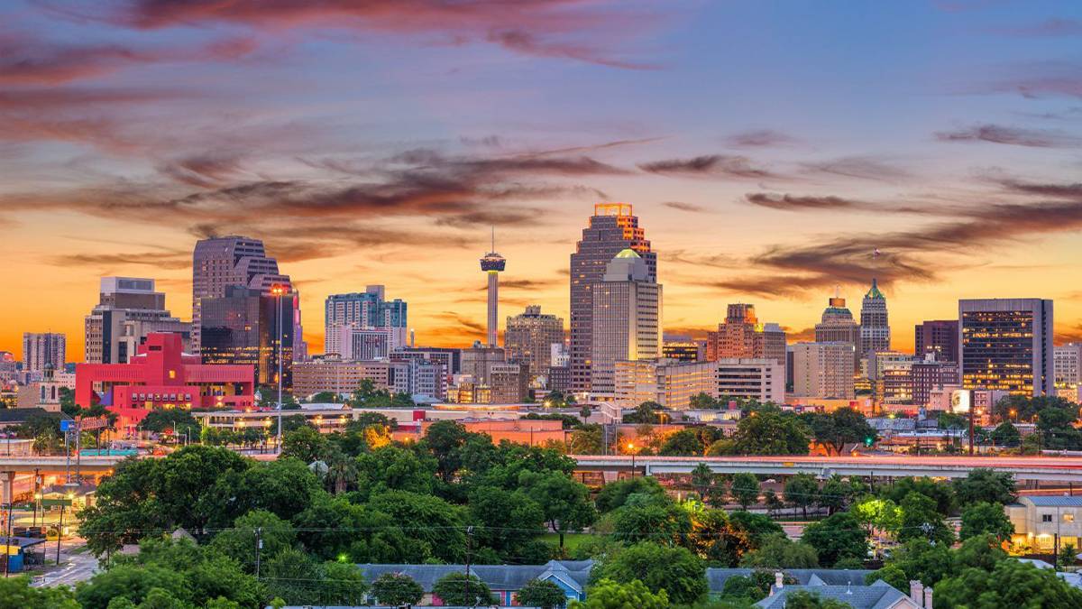 view of downtown skyline of San Antonio Texas USA at sunset